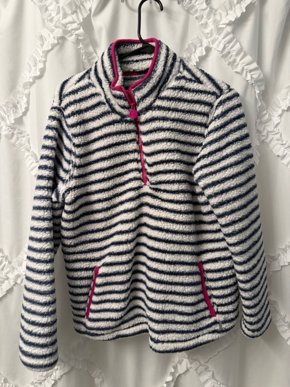Women’s Navy & White Striped Fleece Pullover with Pink Trim